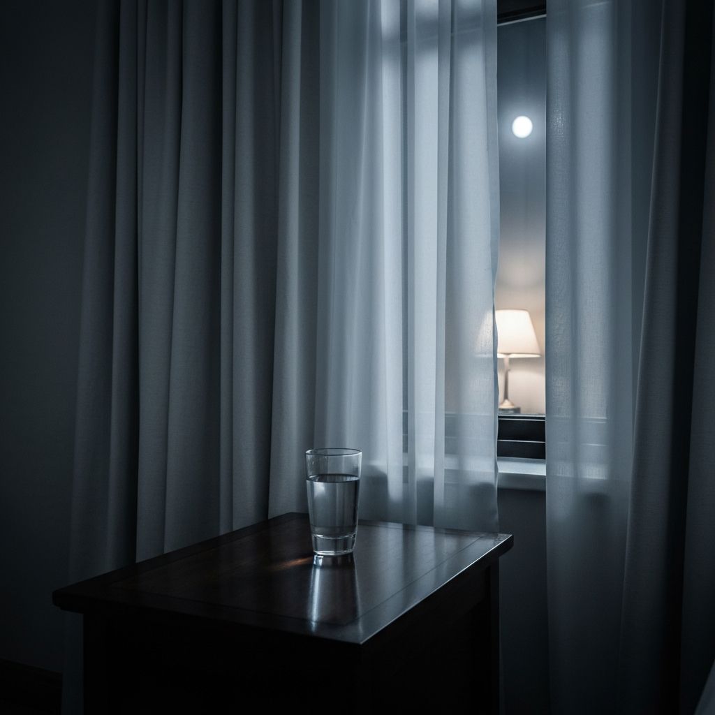 Moonlit bedroom window with soft curtains and glass of water