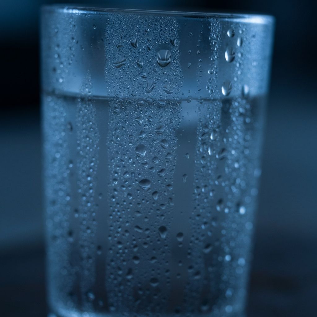 Condensation droplets on chilled glass in dim light